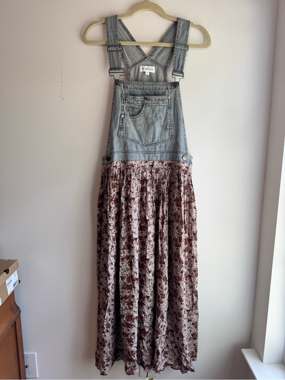 Denim Pinafore Maxi Dress with Brown Velvet Skirt